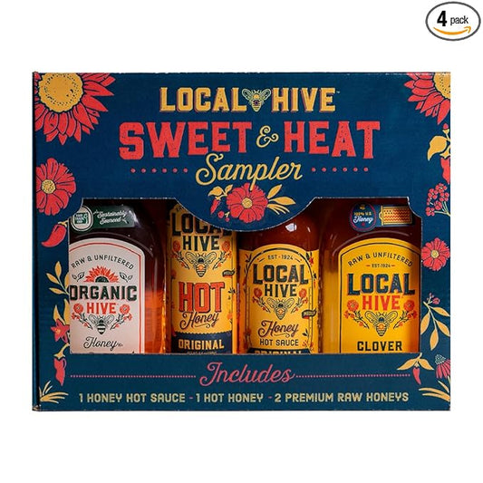 Local Hive Sweet & Heat Sampler - Original Hot Honey, Organic Hive 12oz, Local Hive 12oz Clover Honey, and Original Hot Sauce - ideal for drizzling, cooking, and elevating every bite