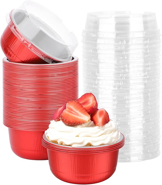 Beasea Disposable Baking Cups With Lids, 50 Pack 6.1oz 180ml Aluminum Foil Ramekins Round Baking Mini Cupcake Oven Cups for Party - Red