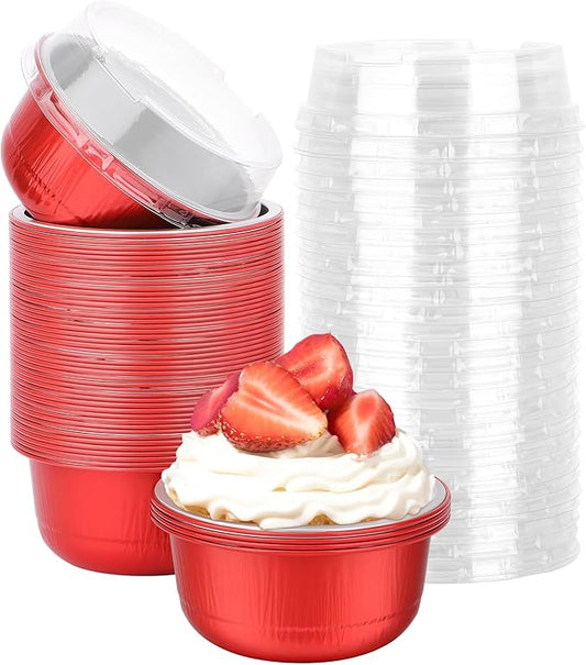 Beasea Disposable Baking Cups With Lids, 50 Pack 6.1oz 180ml Aluminum Foil Ramekins Round Baking Mini Cupcake Oven Cups for Party - Red