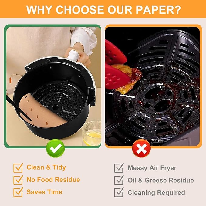 Air Fryer Parchment Paper, 9 Inch Round Liner, 200PC Unbleached Filter Paper for Air Fryers (100 Perforated and 100 Imperforate), Non-Stick Baking Paper
