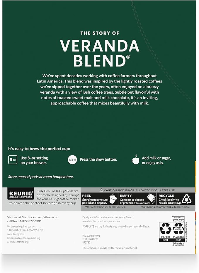 Starbucks K-Cup Coffee Pods, Starbucks Blonde Roast Coffee, Veranda Blend for Keurig Brewers, 100% Arabica, 6 boxes (60 pods total)