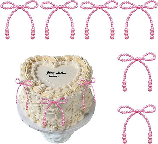 6 Pcs Pearl Bow Cake Decoration, Imitation 4.3" ??3.9"Pearl Bow Cupcake Toppers Coquette Party Bouquets Decor for Wedding Bridal Shower Birthday Decoration Supplies (Pink)