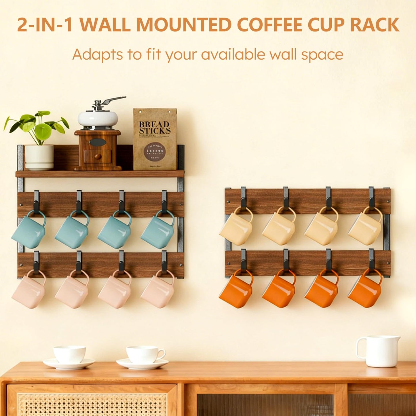 Dhmkfly 2-in-1 Coffee Cup Holder Wall Mounted with 16 Adjustable Hooks