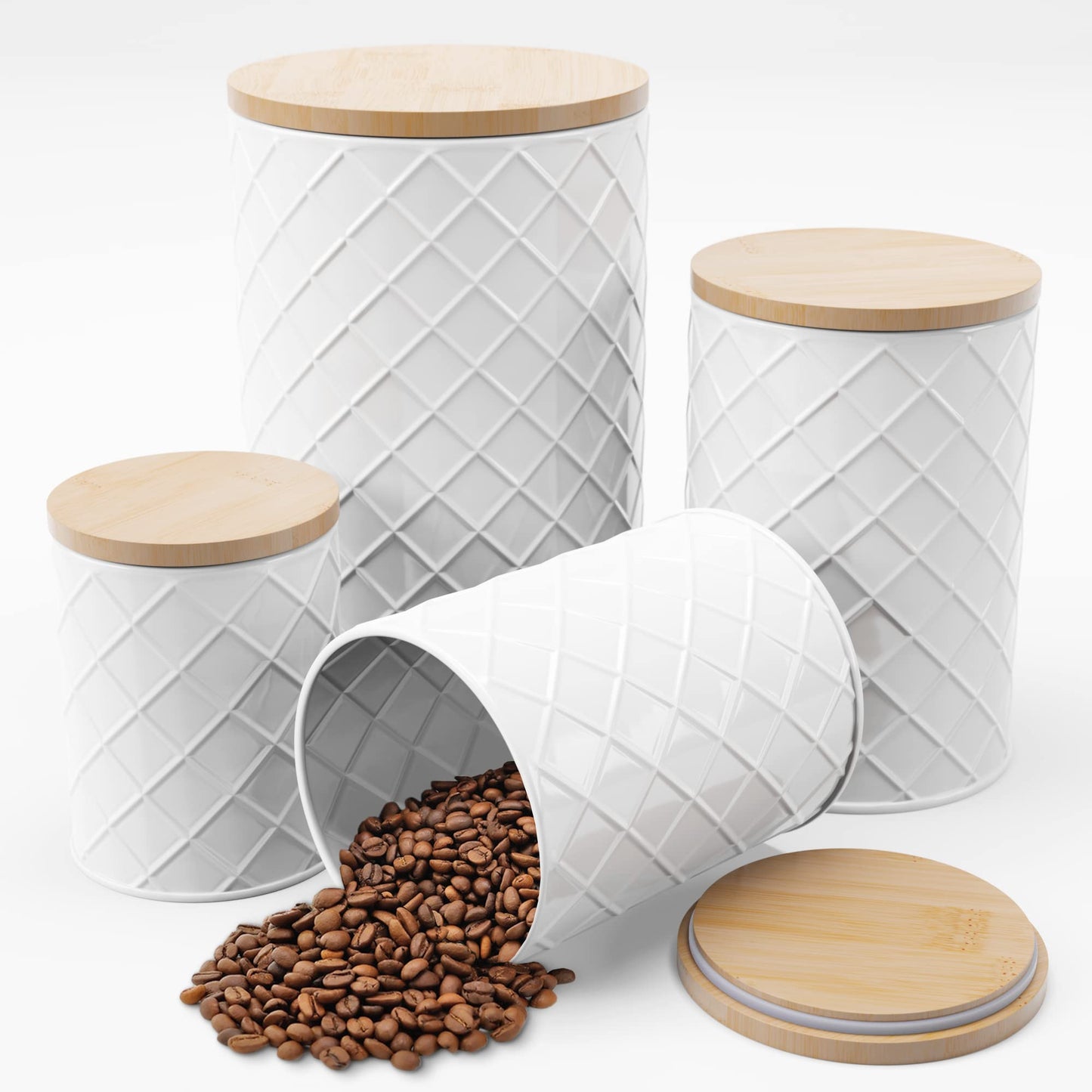 Pebble & Stem® White Metal Canister Set for the Kitchen Counter, Food Canister Set of 4, Airtight