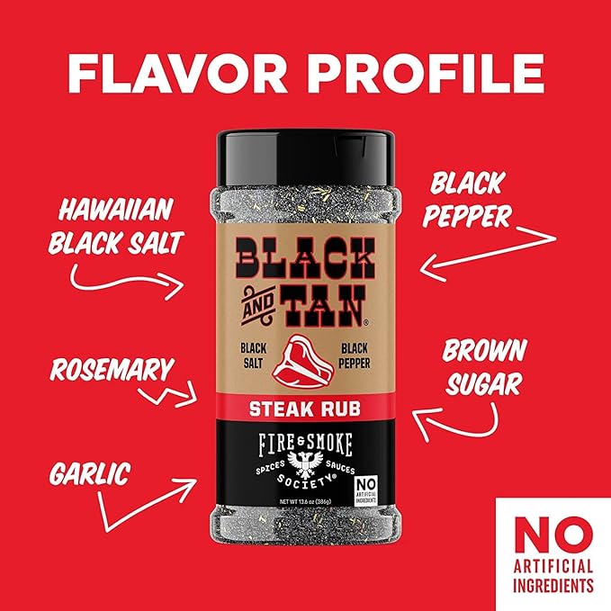 Fire & Smoke Society Black & Tan Steak Seasoning | BBQ Rubs, Steak Rub for Smoking and Grilling Meat | Steaks, Brisket, Burgers Dry BBQ Rubs and Spices | XL 13.6 oz (2-Pack)