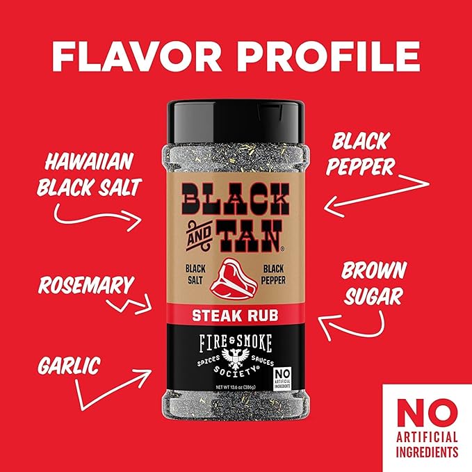 Fire & Smoke Society Black & Tan Steak Seasoning | BBQ Rubs, Steak Rub for Smoking and Grilling Meat | Steaks, Brisket, Burgers Dry BBQ Rubs and Spices | XL 13.6 oz