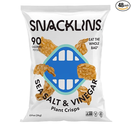 SNACKLINS Plant Based Crisps SEA SALT & VINEGAR - Gluten Free, Grain Free, 100% Kosher, Vegan Healthy Snacks, Crunchy Puffed Snack, Only 90 Calories Per Bag - .9oz Bag (Case of 48)