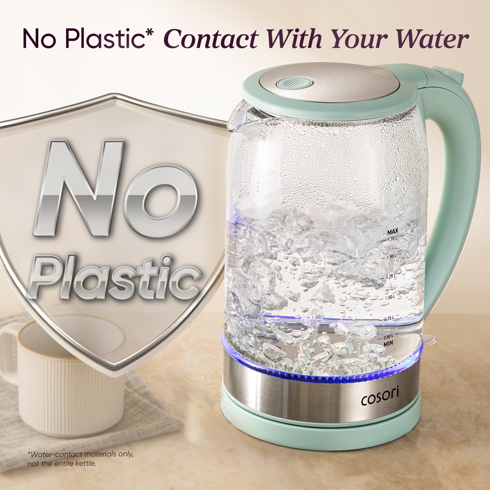 Cosori Electric Kettle, No Plastic Contact with Water, 1.7L, Green