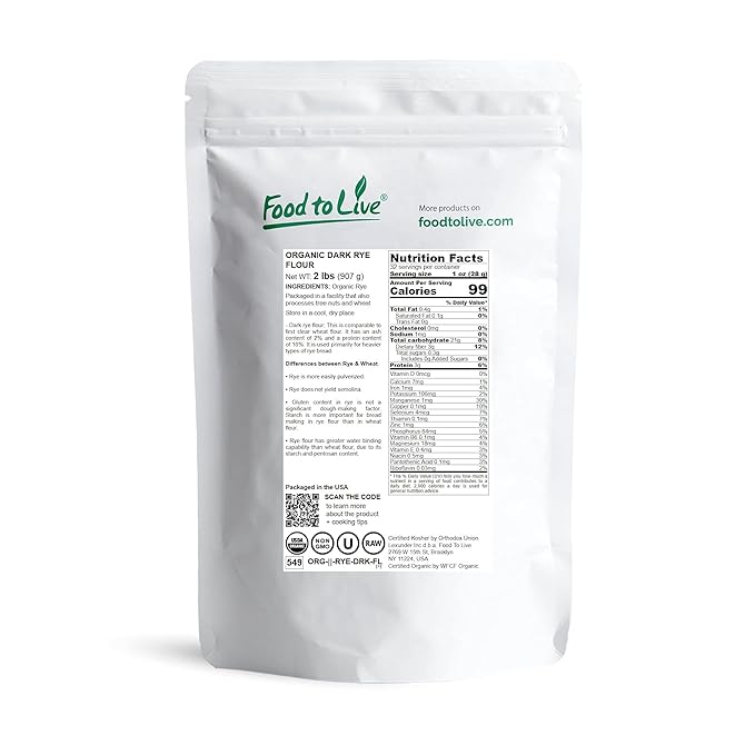 Food to Live Organic Dark Rye Flour, 2 Pounds ??Whole Grain, Non-GMO, Stone Ground, Kosher, Raw, Vegan, Bulk, Great for Baking Bread, Product of the USA