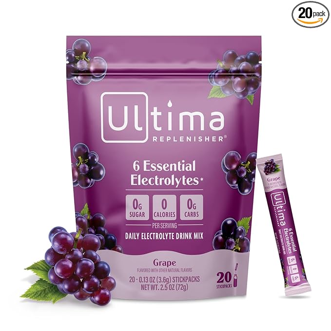 Ultima Replenisher Daily Electrolyte Powder Drink Mix ??Sugar Free ??Grape, 20 Stickpacks ??Hydration Packets with 6 Key Electrolytes and Trace Minerals ??Keto Friendly, Vegan, Non-GMO