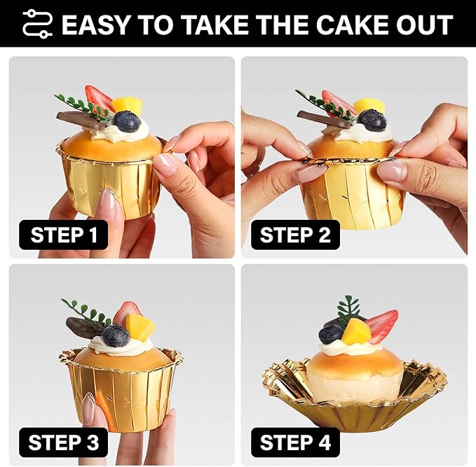 EUSOAR Gold Cupcake Liners, 100pcs 3.5 oz Disposable Aluminum ramekins, Foil Baking Cups, Aluminum Foil Muffin Liners, Aluminum Cupcake Ramekin Holder Cups for Wedding Birthday Party