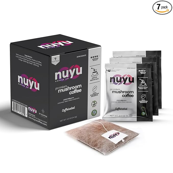 Nuyu Mushroom Coffee Brew Bags - Premium Coffee with 2000mg Functional Mushrooms - Lion's Mane, Chaga, Reishi, Codyceps - Energy, Focus & Immune Support - 7 Count - Medium Roast