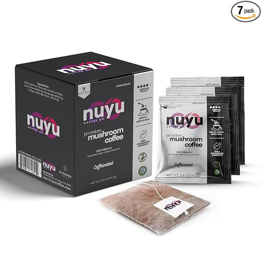 Nuyu Mushroom Coffee Brew Bags - Premium Coffee with 2000mg Functional Mushrooms - Lion's Mane, Chaga, Reishi, Codyceps - Energy, Focus & Immune Support - 7 Count - Medium Roast