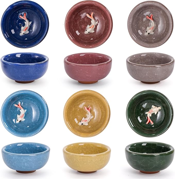Foraineam 12 Pieces Ceramic Sake Tea Cups, Korean Soju Shot Glasses Sets, 1 oz / 30ml Tiny Sake Cup, Chinese Kungfu Style Teacups Drinkware Handcrafted Tea Accessories with Gift Box Packaging
