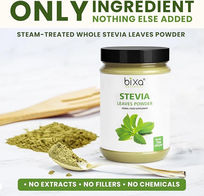 Bixa Botanical Stevia Leaf Powder | Stevia Rebaudiana | 200 GRAMS / 7 OZ | Natural Alternative of Unprocessed Sugar | Gluten Free, Non-GMO, Steam Treated, Vegan, 100% Pure.