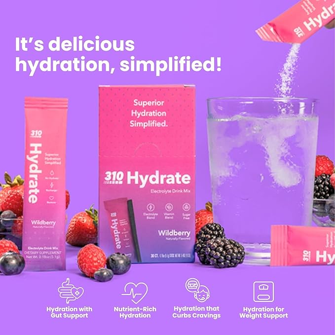 310 Nutrition Wildberry Electrolytes Powder Packets: Supercharge Your Water for Refreshed, Balanced, and Energized Hydration. Convenient on-The-go Packets Make it Easy to Stay hydrated During a b
