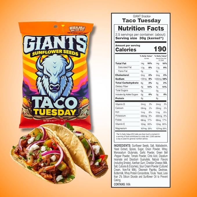 GIANTS Taco Tuesday Sunflower Seeds - Sunflower Seeds to Eat, High Protein Snack, Zesty Taco Seasoning, Source of Vitamin E & Fiber Content - 5 oz Resealable Bags (Pack of 3)