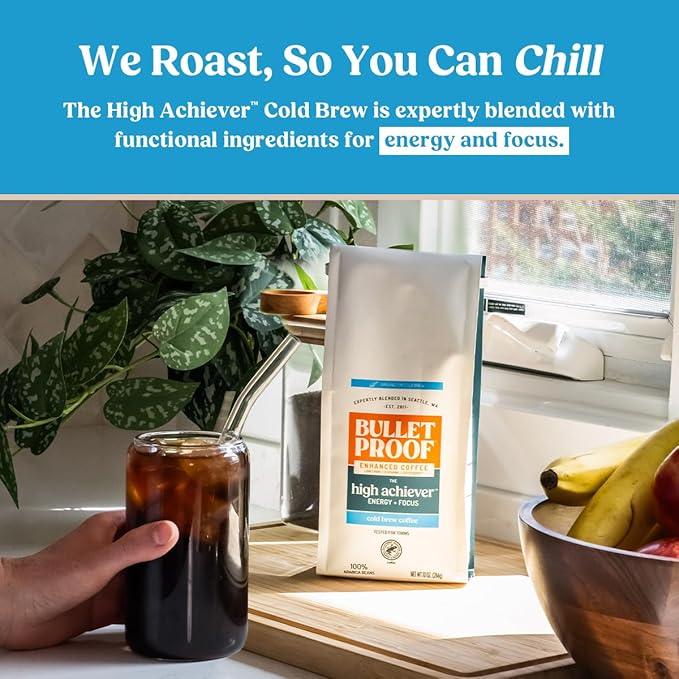 Bulletproof The High Achiever Coarse Ground Cold Brew Coffee, 10 Ounces, Medium-Dark Roast Enhanced Coffee with Lion's Mane Mushroom, B Vitamins, and Adaptogens for Energy and Focus