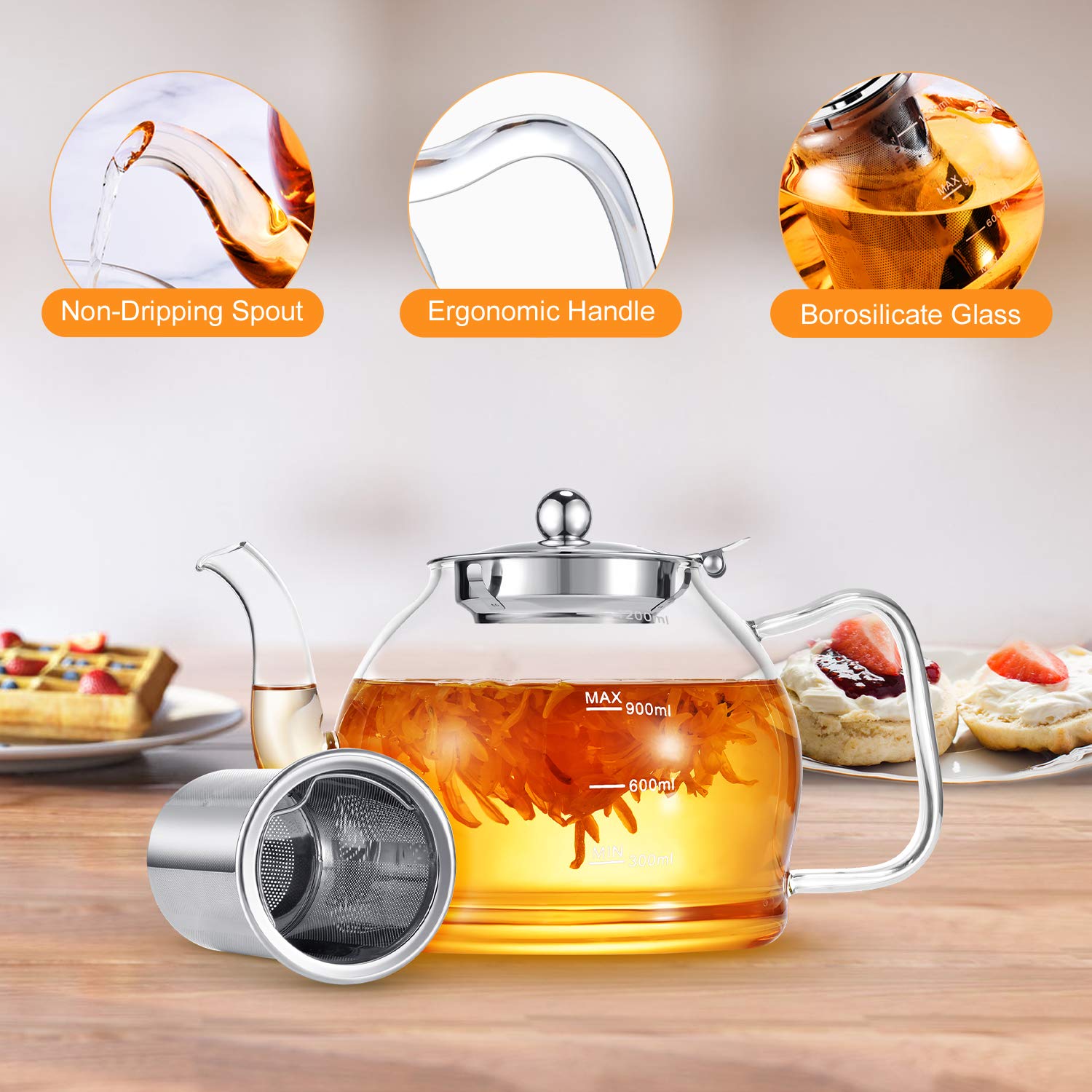 STNTUS Glass Teapot, 40 oz. / 1200 ml for Loose Tea, With Infuser and Stainless Steel Strainer
