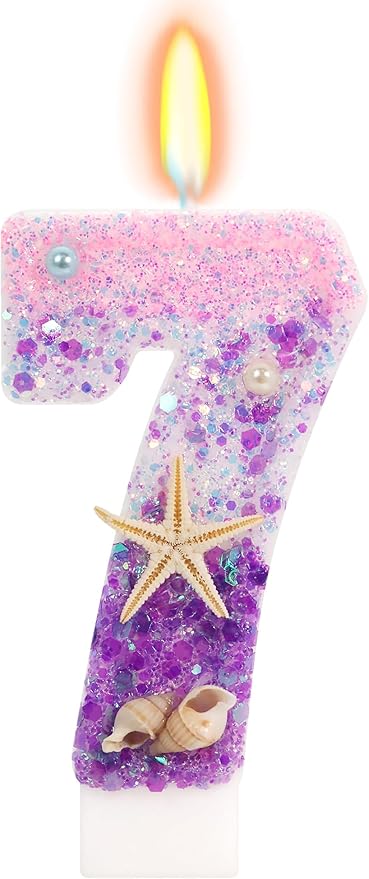 Purple Mermaid Party Number 7 Cake Candles, 2.76 inch Birthday Candle, Cake Topper Decoration for Birthday Party (Number 7)