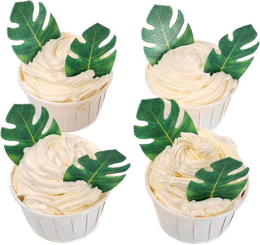 YOcity 48Pcs Edible Tropical Plam Leaves Cake Toppers Wafer Paper Tropical Palm Leaves Cupcake Toppers for Hawaii Theme Jungle Summer Party Birthday Wedding Baby Shower Cake Decoration