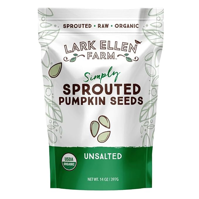 Lark Ellen Farm Sprouted Organic Pumpkin Seeds, Unsalted Raw Pumpkin Seeds Organic, Pepitas, Vegan, Non GMO, Gluten Free, Paleo, and Keto Friendly (14 oz, 1 Pack)