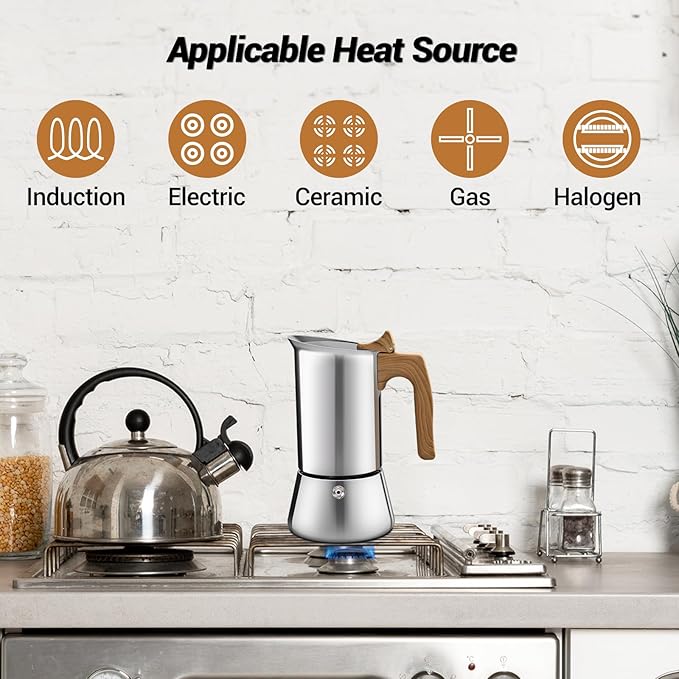 No Coating 2 Cup Moka Pot Thickened 304 Stainless Steel Stovetop Espresso Coffee Maker 100ml 3.4oz Mocha Percolator Greca Cuban Ideal for Making Rich Authentic Italian Caf챕