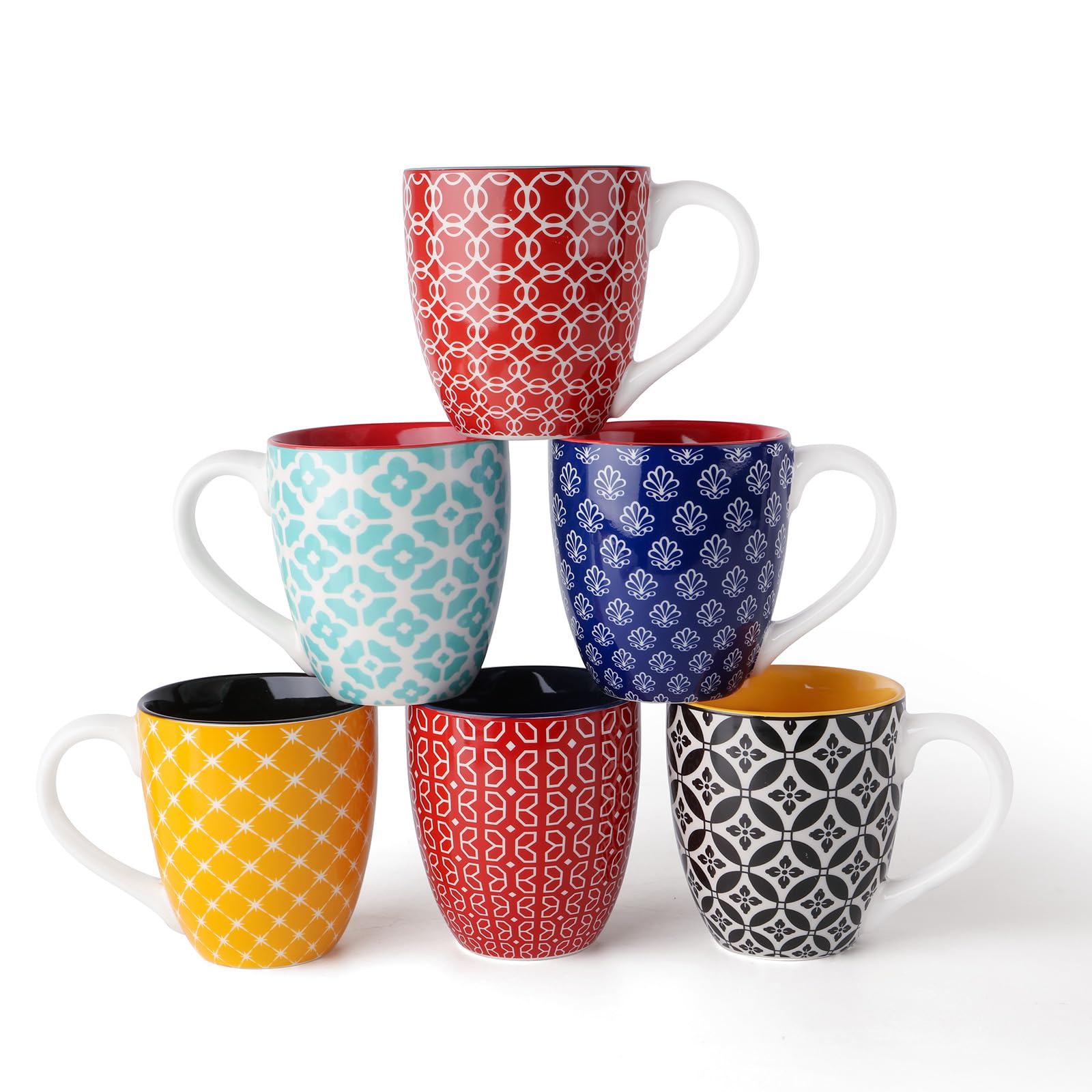 DOWAN 16 OZ Boho-Mosaic Coffee Mugs Set of 6, Large Ceramic Coffee Mugs with Handle, Bohemian Home