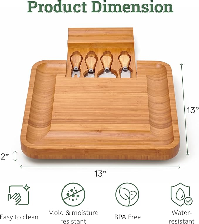 Dynamic Gear Bamboo Charcuterie Cheese Board Set with Knives - Low Maintenance Surface - Perfect for Wine and Cheese Nights - Sleek and Minimal Design - 13x13x2 inches - Dark Brown