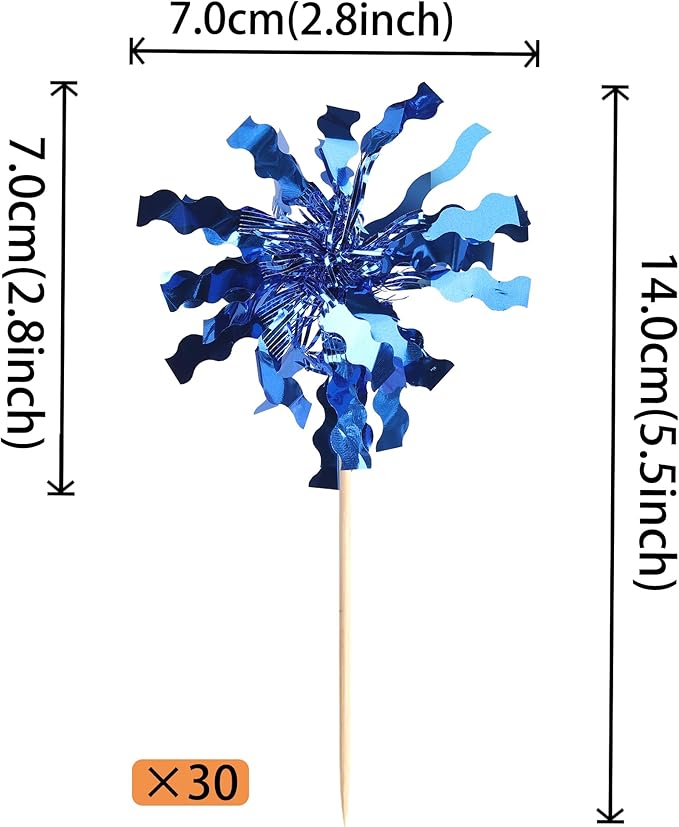 Rsstarxi 30 Pack Foil Firework Cupcake Toppers Blue Sparkle Tinsel Drink Cake Decorations Cocktail Food Toothpicks for Happy Valentine's Day Birthday Wedding Graduation Party Decorations