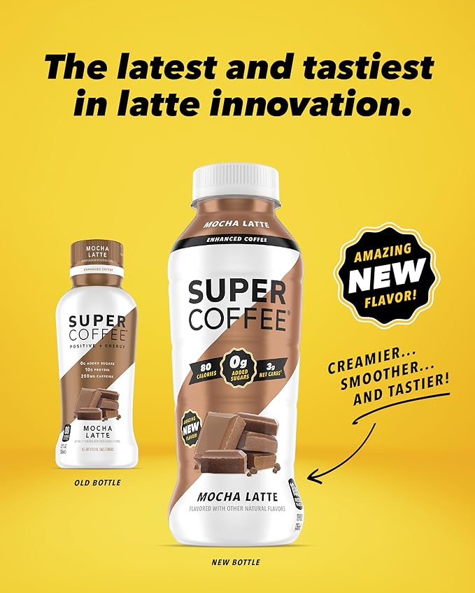 SUPER COFFEE, Keto Protein Coffee (0g Added Sugar, 10g Protein, 70 Calories) [Mocha] 12 Fl Oz, 12 Pack | Iced Smart Coffee Drinks