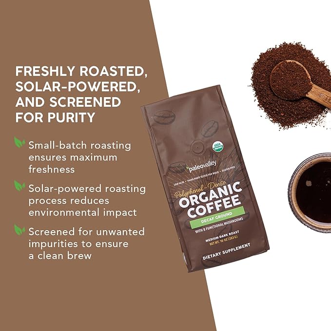Paleovalley Organic Ground Coffee, 10 oz - Decaf, Low Acid, Single-Origin, Polyphenol-Rich, Infused with Mushrooms & Coffee Fruit Extract