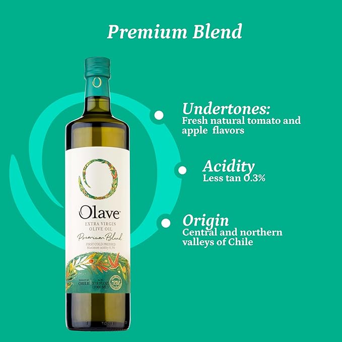 Olave Chilean Olive Oil ??Extra Virgin Blend ??First Cold Press ??Flavorful for Salads, Veggies, Bread and Soup ??Premium Olive Oil (Pack of 4, Premium 16.9)