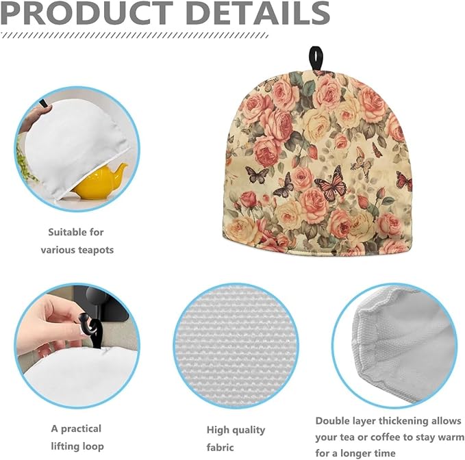 Hudotybom Vintage Floral Tea Cozy for Teapot Insulated Large Teapot Cover to Keep Warm Tea Kettle Cover Machine Washable Coffee Pot Cloth Covers Kitchen Home Decorations for Housewife Mom