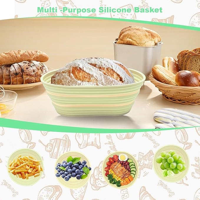 Sourdough Bread Baking Supplies, Silicone Banneton Bread Proofing Basket Set of 2, 9 Inch Round & 10 Inch Oval Foldable Sourdough Proofing Basket, Sourdough Starter Kit, Bread Making Tools (Beige)