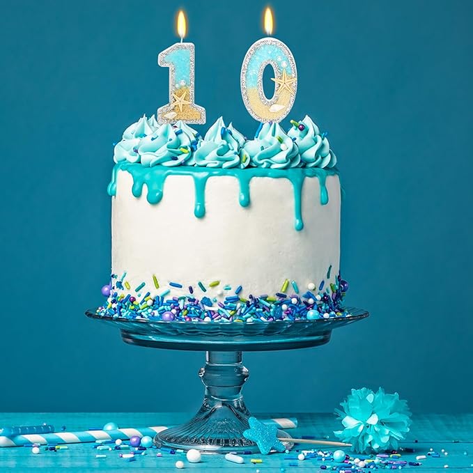 10th Birthday Candle for Cake, Beach Starfish Sequins Candles, 2.76 inch Cake Topper Decoration for Birthday Party (Number 10)