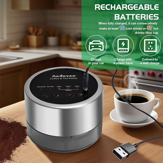 Coffee & Tea Maker, Portable Cold Brew Coffee Machine, Rapid Tea Brewer 16oz Hot & Iced, Rechargeable+Self Clean+Ultra-Fine Stainless Tea Strainer for Camping, Travel, Office & RV