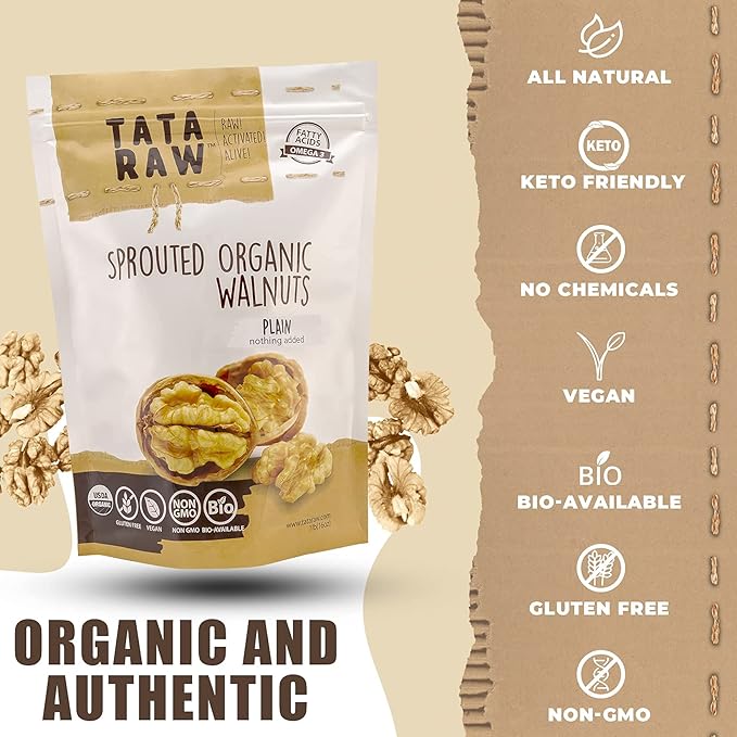 TATA RAW - Sprouted Organic Walnuts - PLAIN. Nothing added -1 lb. Soaked & Air dried SUPER QUALITY. Raw. Alive. Activated. Fresh