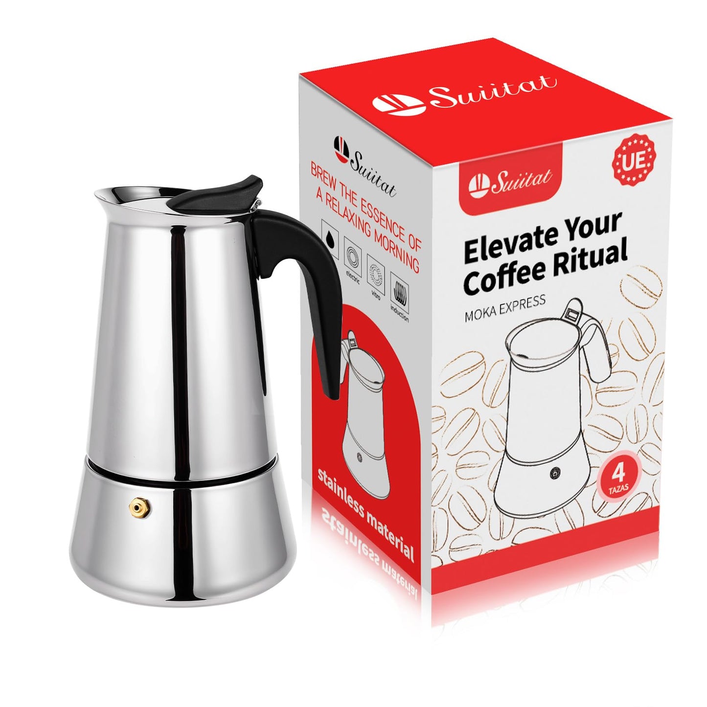 Suiitat 4 Cup Stainless Steel Moka Pot, 200ml Stovetop Espresso Maker, Silver