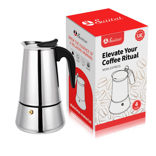 Suiitat 4 Cup Stainless Steel Moka Pot, 200ml Stovetop Espresso Maker, Silver