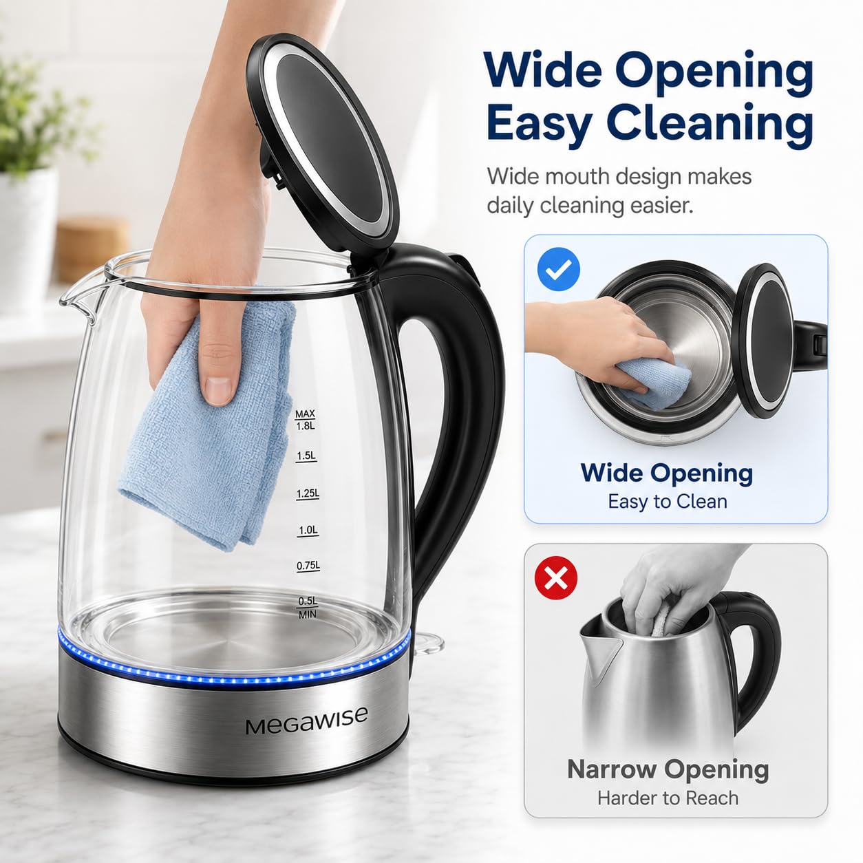 Megawise Electric Glass Kettle with Auto Shut-Off (1.8L)