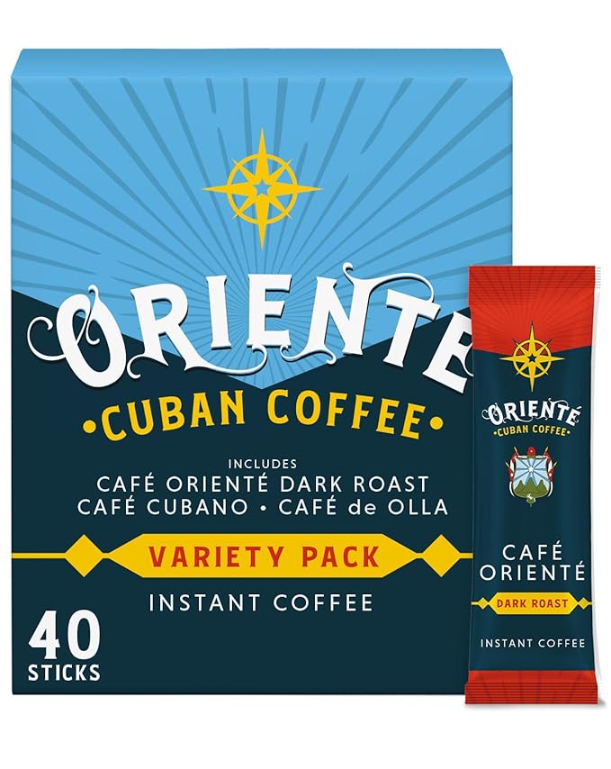 Oriente Variety Pack Instant Coffee, 40 ct, Cafe Oriente, Cafe Cubano, Cafe De Olla??100% Arabica Coffee, Instant Hot or Iced Coffee - Just add water