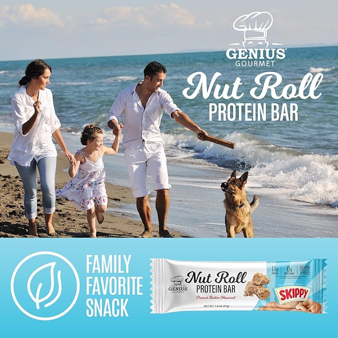 Genius Gourmet SKIPPY Peanut Butter Flavor Inspired Protein Nut Roll Bar,11g Protein per serving(18% DV), 0g Added Sugar, Carb Conscious Snack Bar, Gluten Free ??10 Count