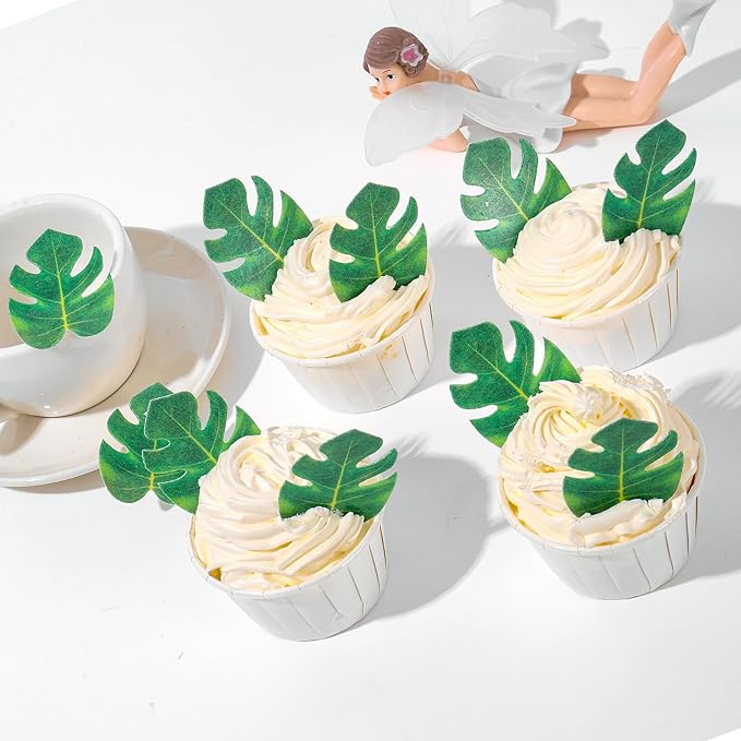 YOcity 48Pcs Edible Tropical Plam Leaves Cake Toppers Wafer Paper Tropical Palm Leaves Cupcake Toppers for Hawaii Theme Jungle Summer Party Birthday Wedding Baby Shower Cake Decoration