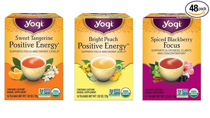 Yogi Tea - Morning Energy Variety Pack (3 Pack) Includes Peach Bergamot Bright Day, Sweet Tangerine Positive Energy, Spiced Blackberry Focus - 48 Organic Tea Bags