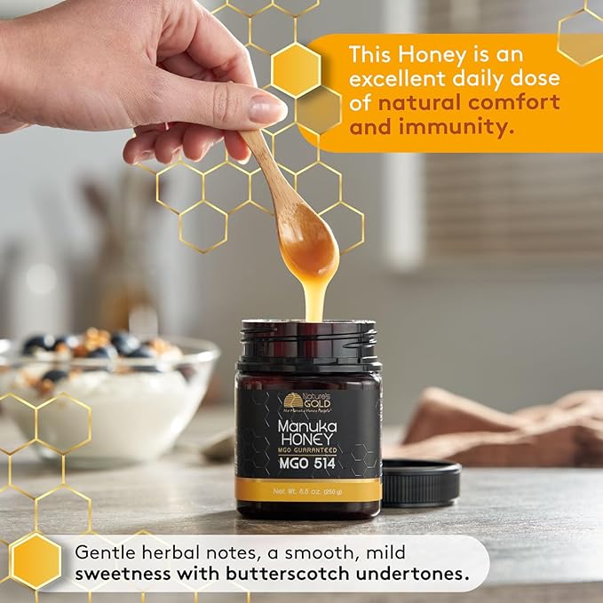 Nature’s Gold Raw Manuka Honey, Certified MGO 514+ | Authentic MGO, Australian Honey, Non-GMO, 100% Pure Genuine Traceable from Hive to Home (17.6oz)