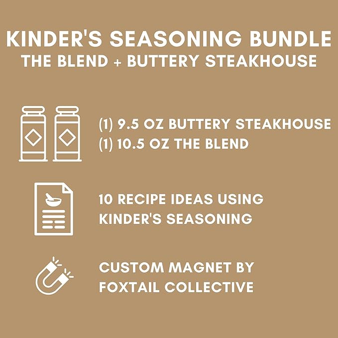 Kinder's Seasoning Duo Bundle: The Blend & Buttery Steakhouse - Two XL 9.5 and 10.5-ounce Bottles + 10 Recipe Ideas + Fridge Decal by FOXTAIL COLLECTIVE. Perfect for Grilling Meats & More, Gluten-Free & Non-GMO