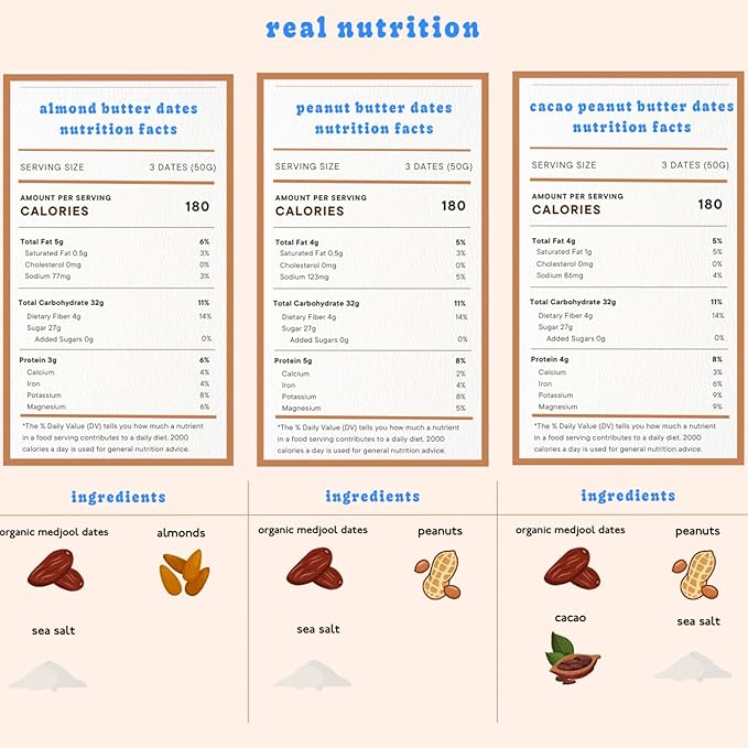 Realsy Pitted & Stuffed Medjool Dates, Organic Dates with No Sugar Added, Gluten-Free, Vegan, Good Source of Fiber, Low Glycemic Index, All Natural Healthy Snack (Variety 6 Pack)