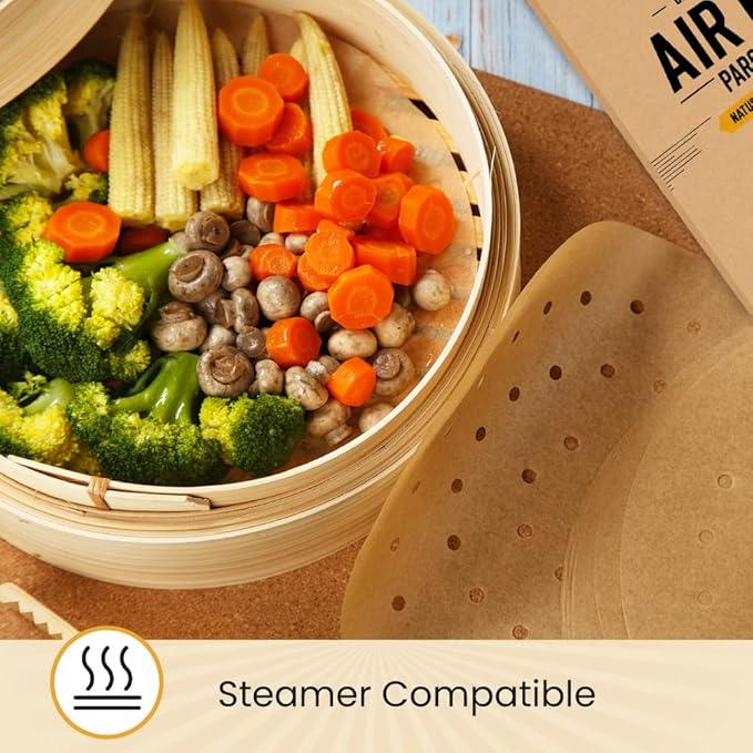 9??Steamer Paper, Air Fryer Round Parchment Paper Liners ??220pcs Unbleached Bamboo Steamer Liners ??Easy Cleanup, Will Not Burn or Curl, Non-Toxic & Convenient Packaging by Baker?™s Signature