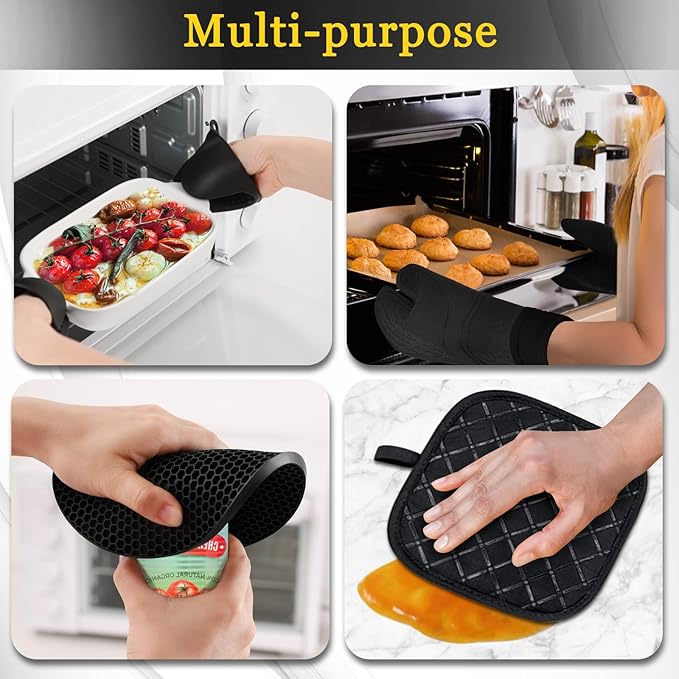 8PCS Oven Mitts and Pot Holders Sets - 480째F Heat Resistant Pot Holders and Oven Mitts, 14.5" Extra Long Silicone Oven Mitts for Cooking, Non-Slip Oven Mitt with Soft Cotton Lining, Black